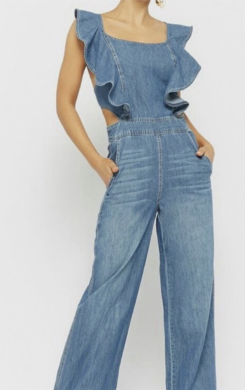 DO+BE Ruffle Overalls Denim Jumpsuit size S Open Back Ruffle Lightweight A32